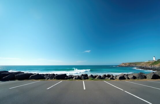 Empty asphalt parking area overlooks ocean waves crashing on rocky shore. Lighthouse stands on distant cliff under clear blue sky. Coastal landscape invites road trip travel.