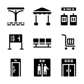 Vector illustration of various transportation and shopping icons including bus stop