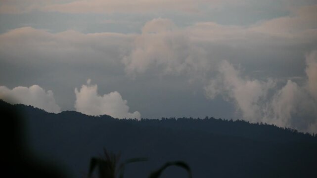 Timelapse of Golden Billowing Clouds Moving Over Dark Mountain and Forest Silhouette at Dusk