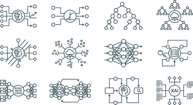 Explainable AI and Deep Learning Line Icon Set with Neural Network, Decision Tree, Cloud, and Data Processing Elements for Tech Graphic Designs