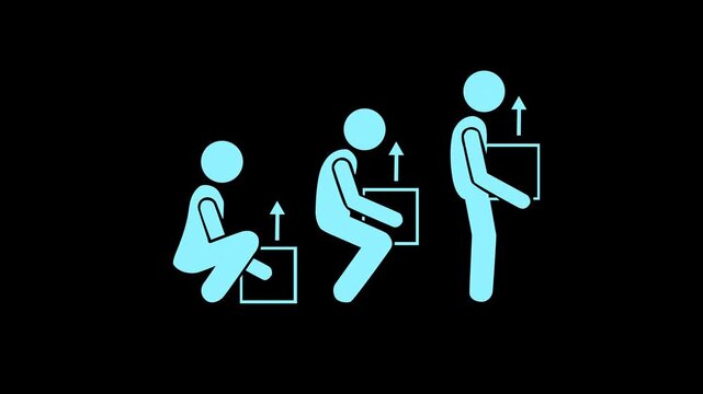 Three cyan stick figures demonstrating correct lifting technique with a box on a black background posture