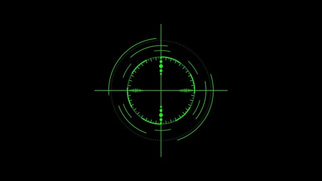 Futuristic Green Digital Crosshair Targeting System H U D Interface Element with Red Dot Aim Point on Black Background for Sci Fi Gaming Military Action or Technology Concepts