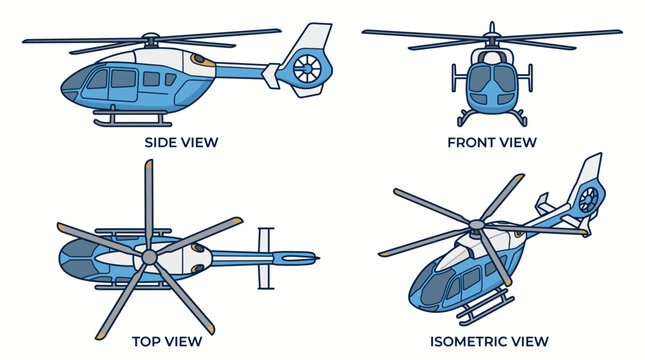 Helicopter technical blueprint showing four different views of the aircraft.