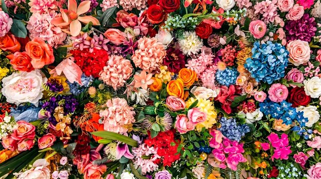 A lush tapestry of mixed blossoms forms a seamless wall of color, where roses, hydrangeas, peonies, lilies, and tiny filler flowers cluster together in a dreamy, romantic arrangement perfect for weddi