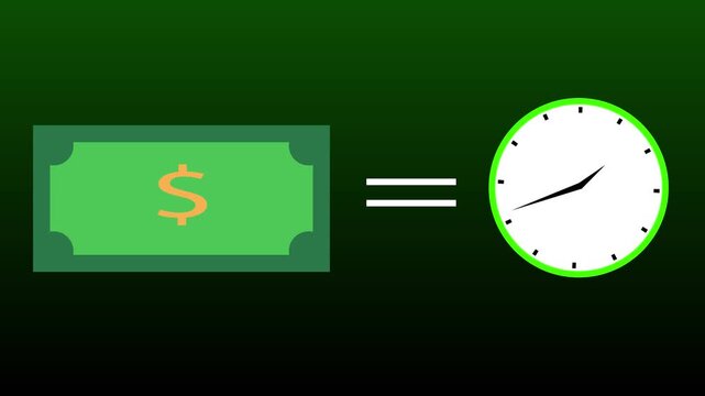 Dollar bill equals clock graphic on dark background. Time management symbol for corporate business costs. Digital currency animation for financial value.