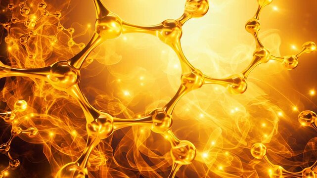Gold molecular structure floating amid bokeh shimmering nodes and hexagonal rings rotate slowly in warm golden light with floating particles and glitter