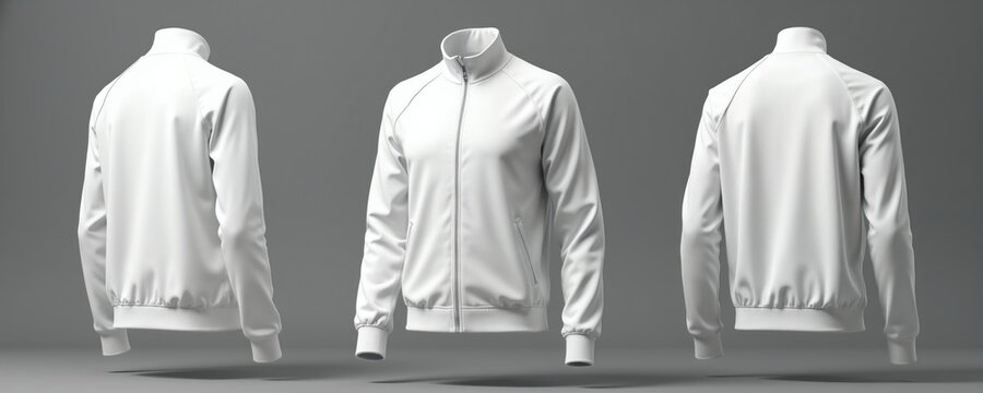 White raglan tracksuit jacket mockup shown from front back and side views. Clean design for apparel customization. Sportswear template for fashion brands.
