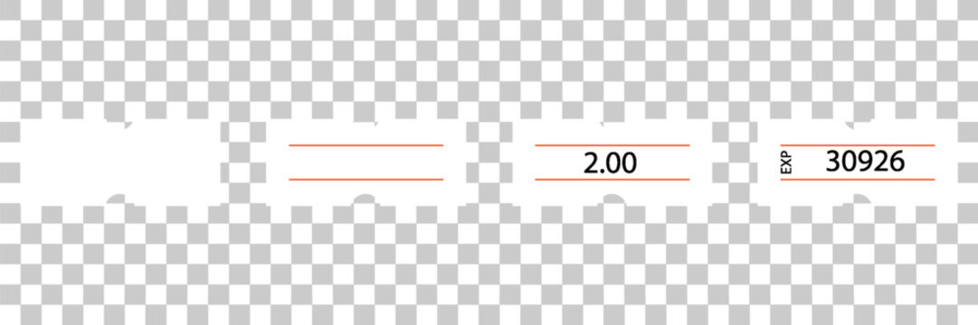 Self-adhesive paper price tag with two red stripes. Blank price label. White sticker to indicate the expiration date. Vector illustration isolated on transparent background.