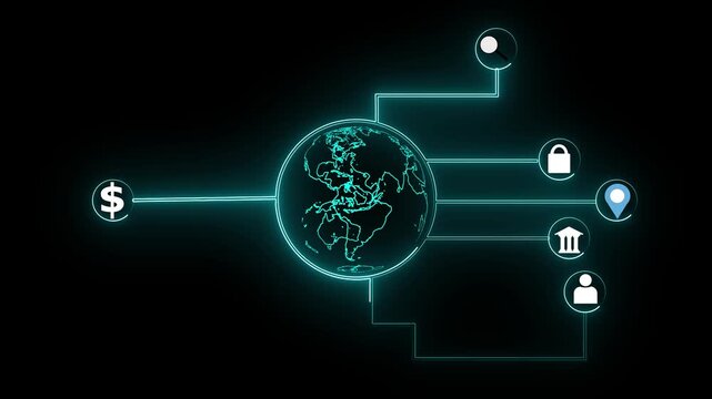 Global network of financial and security connections. International banking symbol for encrypted commerce. Digital world map animation for global data.