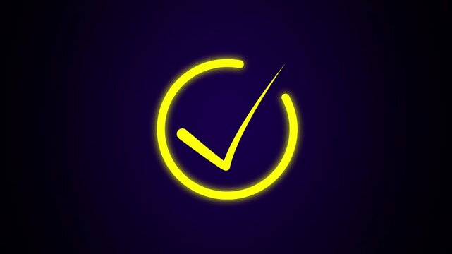 Glowing yellow check mark on dark purple background. Successful task completion symbol for approval notification. Digital check mark animation for vote.