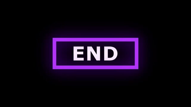 Neon purple end sign on black background text. Movie closing symbol for video production finale. Digital neon sign animation for media broadcast ending.