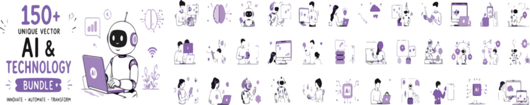 Artificial intelligence and technology icon bundle, 150 unique vector AI icons, purple flat line robot and machine learning illustrations for UI design