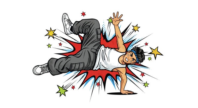 A vibrant comic book style illustration features a young male breakdancer performing an athletic one-handed freeze over a dynamic red explosion burst and stars