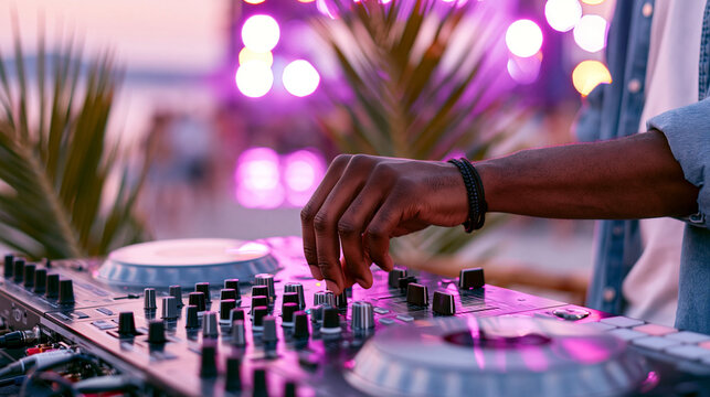Black dj hand adjusting audio mixer at summer night club party. Professional musician controlling sound console deck. Innovative nightlife entertainment concept with electronic music performance.