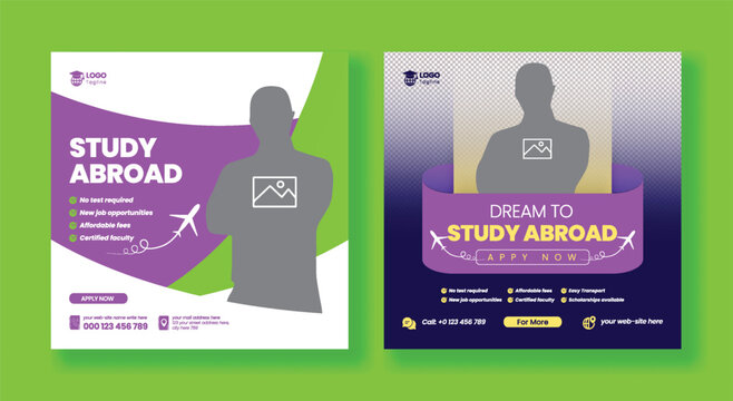 Creative study abroad student visa social media post designs with university scholarship promotion banner set for education agency marketing and online admission advert templates