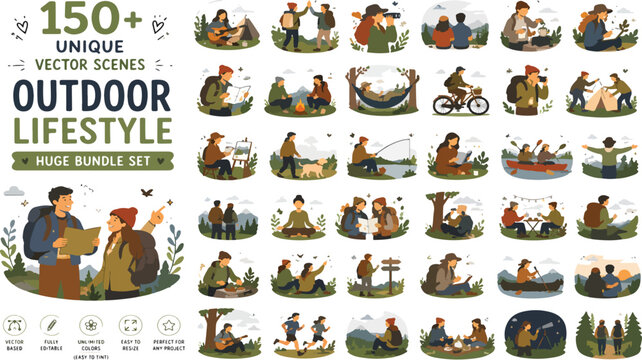 Outdoor lifestyle vector scenes, huge bundle set of 150 unique camping and hiking illustrations, people enjoying nature and adventure activities