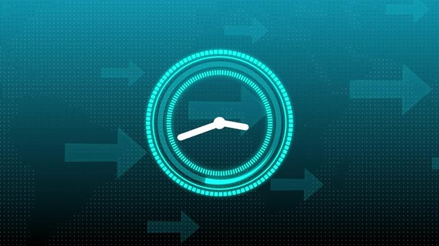 Futuristic clock with glowing neon arrows on grid. Time management symbol for schedule and countdown. Digital clock animation for technology interface.