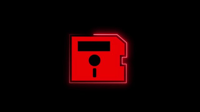 Red floppy disk icon with neon outline on black. Retro data storage symbol for computer history file. Digital floppy disk animation for technology hardware.