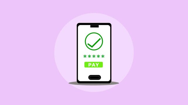 Smartphone displaying payment confirmation with checkmark button. Mobile commerce symbol for digital banking. Digital smartphone animation for finance success.