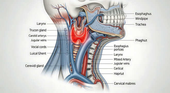 Human neck anatomy with thyroid gland larynx trachea and blood vessels