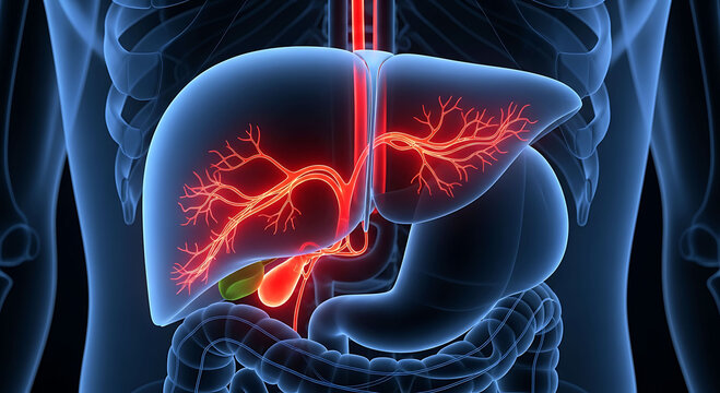 Human liver anatomy 3d illustration with gallbladder and internal organs