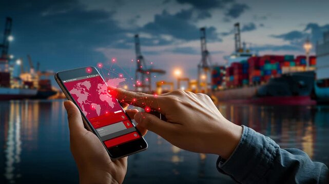Smartphone hands over port at dusk, dock supervisor scrolling red logistics app, finger tapping map, container cranes silhouetted against twilight, harbor
