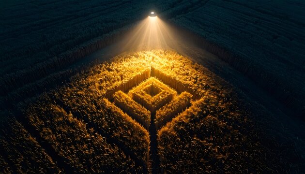 Unidentified flying object illuminating crop circle in dark field
