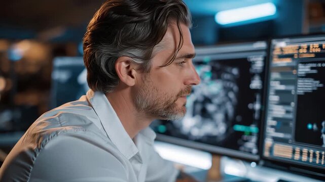 Radiologist examines medical scans in a darkened reading room during work hours with multiple monitors in view