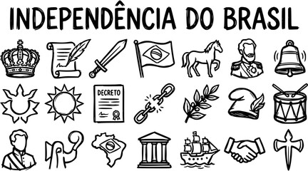 Fototapeta premium Black and White Line Art Icons of Brazilian Independence Symbols, History, and Culture