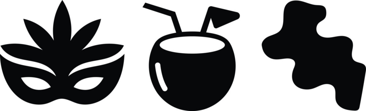 Black silhouettes of masquerade mask cocktail and abstract shapes on white background