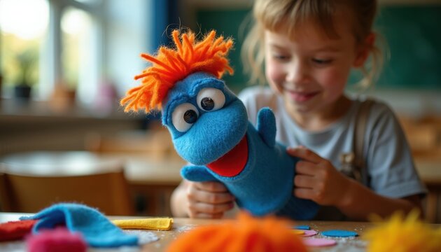 Child makes blue puppet with orange yarn hair and big eyes. Girl crafts felt toy in classroom, learning creative play and storytelling. Fun educational activity for kids developing imagination skills.
