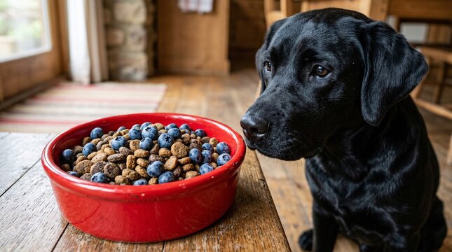 Macro shot shows bright red dog food bowl filled with premium kibble and fresh blueberries; black labrador watches intently nearby.