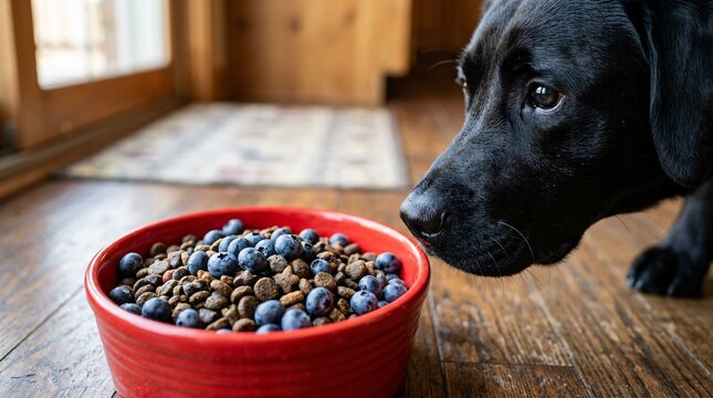 Macro shot shows bright red dog food bowl filled with premium kibble and fresh blueberries; black labrador watches intently nearby.