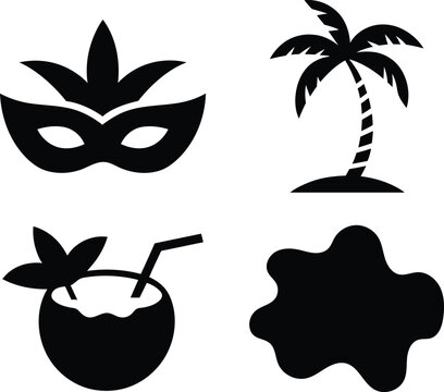 Black silhouettes of carnival mask palm tree coconut drink and abstract shape on white background