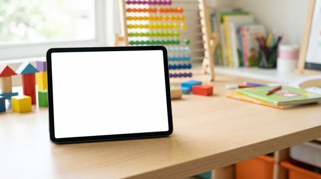 Blank screen tablet computer mockup on a children's wooden desk surrounded by colorful toys, books, and an abacus in a bright playroom with soft natural light, ideal for educational apps.