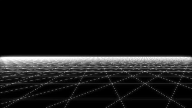 Perspective grid lines loop animation with retro neon glow, retro sci fi 3D grid animation with glowing neon perspective lines, futuristic cyberspace landscape and seamless loop motion graphics in 4K