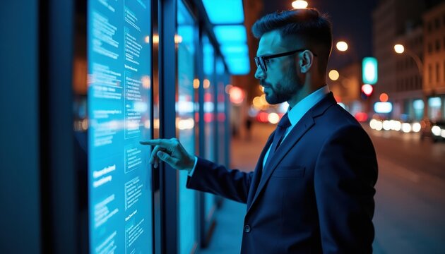 Man in suit uses digital kiosk interface at night on city street. Futuristic tech screen reflects neon lights. Businessman checks info using modern terminal device.
