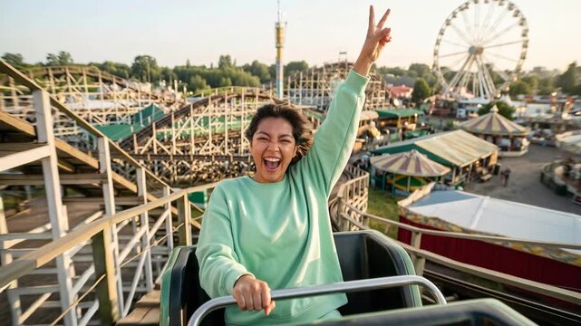 Excited woman on roller coaster ride at amusement park with Ferris wheel. A joyful young woman with her arms raised in excitement rides a thrilling roller coaster through a