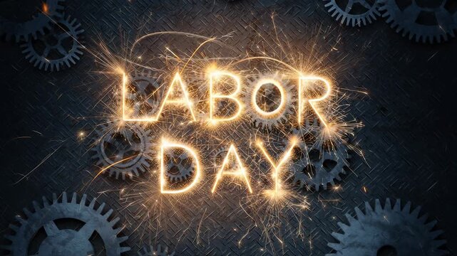 Glowing Labor Day text over industrial gears, sparks outline letters while rusty cogs rotate, welder silhouette implied, warm orange highlights, textured metal