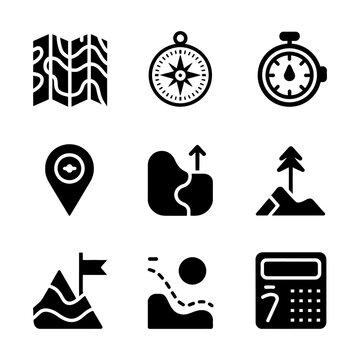 Set of nine black icons representing outdoor activities and navigation tools