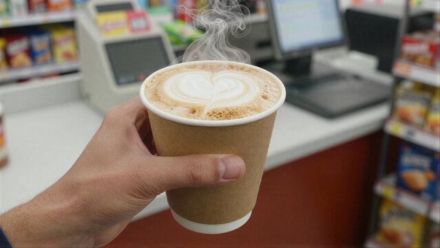 Hand holds steaming latte with heart design in a store setting.