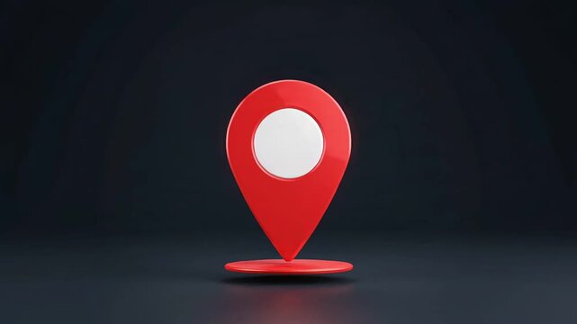 Red glossy location pin icon bounces and rotates above a dark metallic surface in a seamless looping 3d animation