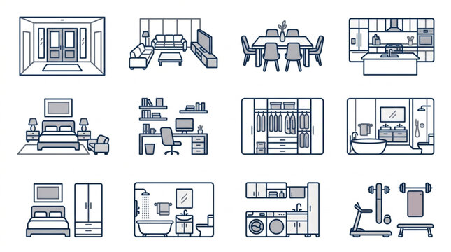 Collection of Interior Design Line Art Illustrations.