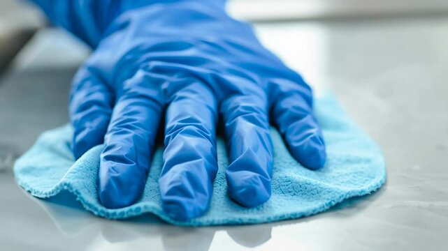 Closeup gloved hand wiping countertop with blue microfiber cloth, careful hygienic motion in bright indoor setting, disposable gloves provide protection,