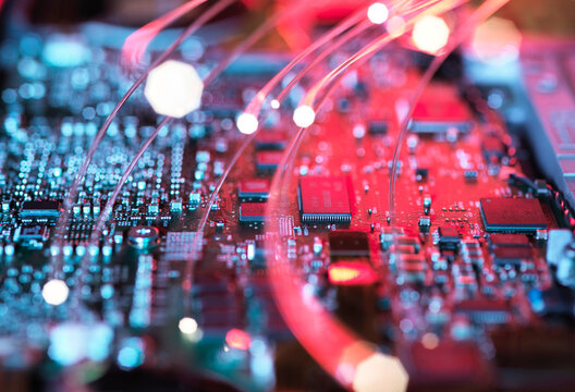 Inside a laptop computer, mother board and electronic components