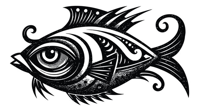 Abstract stylized black and white fish with ornate tribal patterns