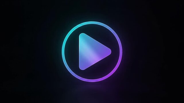 Futuristic neon glowing play button icon animation with neon blue and purple gradients on a black background