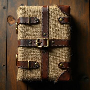 Old book with burlap cover and leather straps. Aged binder features brass buckles and metal rivets. Rustic binding secured tightly on wooden table.