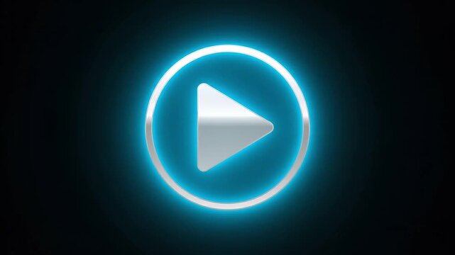 Sleek silver play button icon animation with a vibrant blue neon glowing aura pulsing on a black background