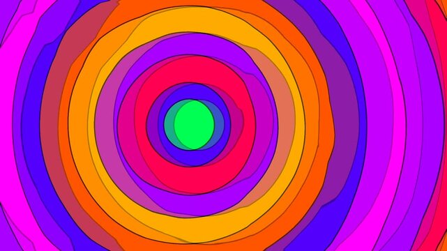 Vibrant concentric circle animation with neon colors and geometric patterns. Abstract hypnotic background ideal for motion graphics, digital art, and visual design projects.